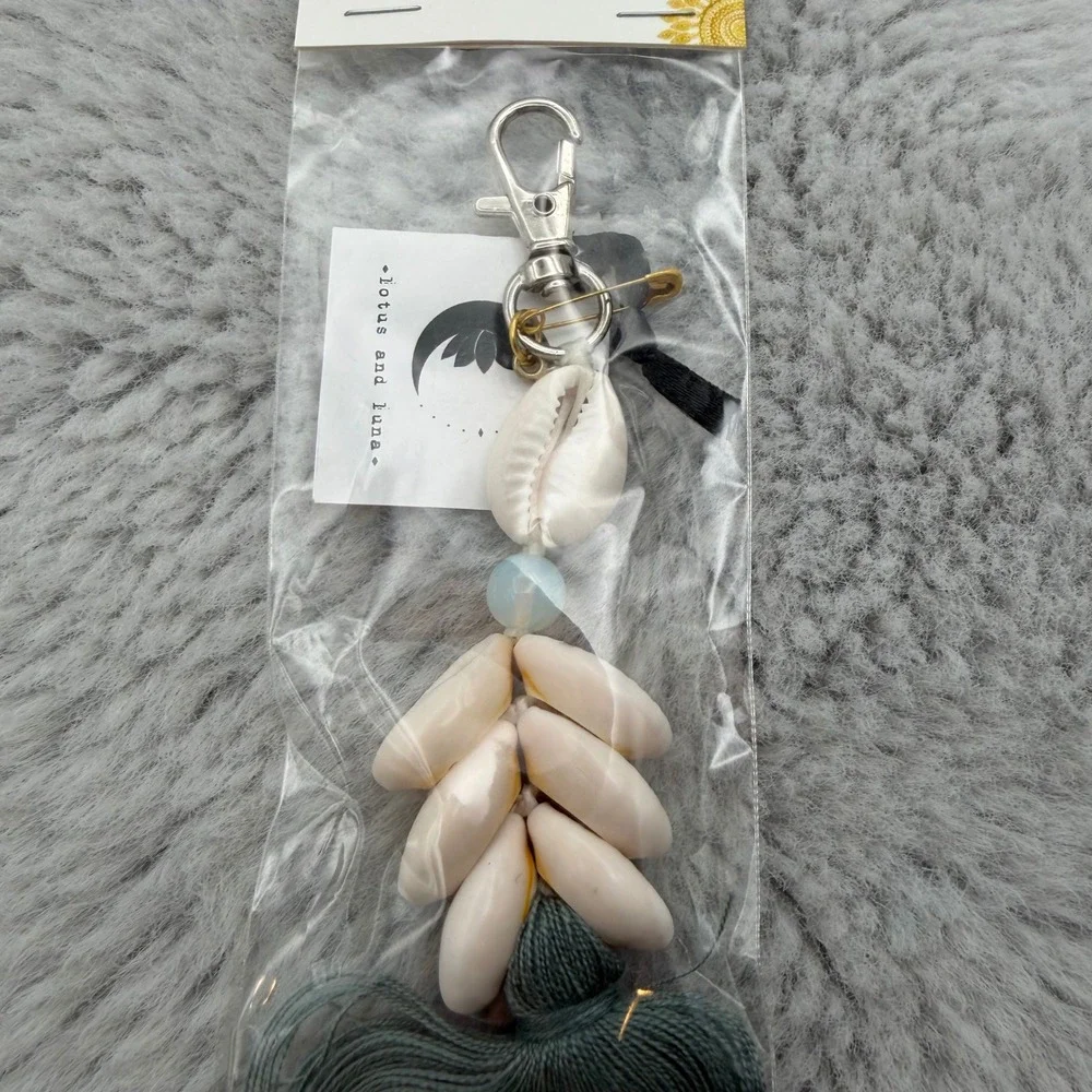 Lotus and Luna Keychain OS Charcoal Grey Cowrie Shell Moonstone Tassel NEW